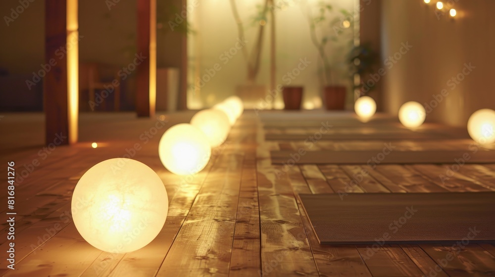A series of light bulbs in a yoga studio, creating a calm and focused environment for practice A series of light bulbs in a yoga studio, creating a calm and focused environment for practice