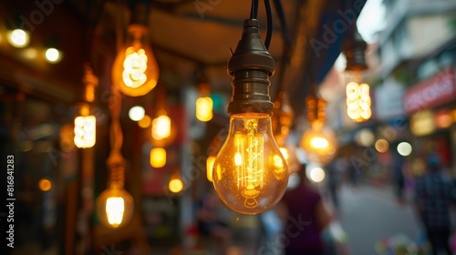 A series of light bulbs in an open market  creating a welcoming and lively atmosphere for shoppers
