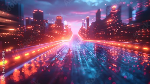 Pulsating Waves of Futuristic Neon Energy Across Cityscape