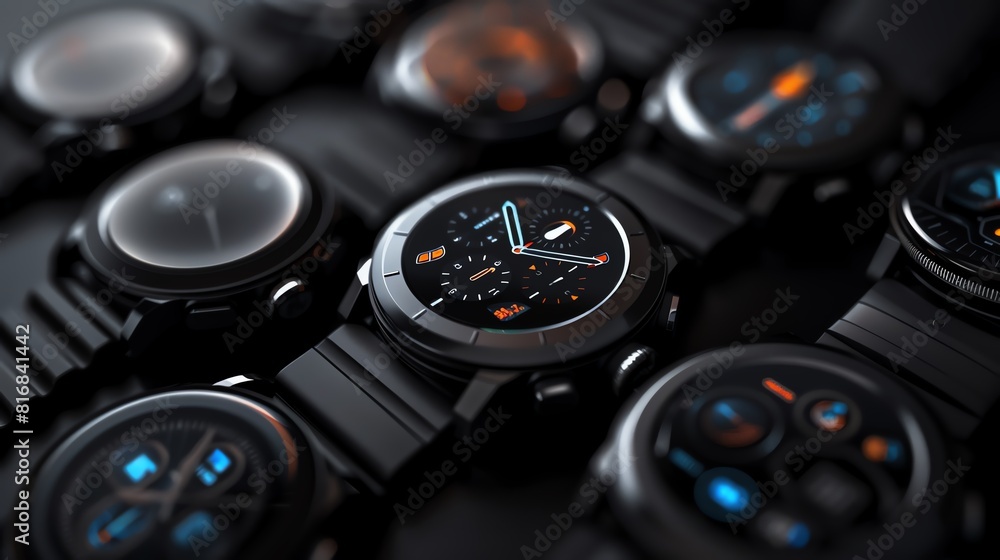 A smartwatch displaying different watch faces on a sleek black background A smartwatch displaying different watch faces on a sleek black background