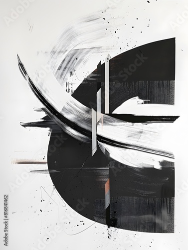 Abstract expressive painting with elements of calligraphy in black and white photo