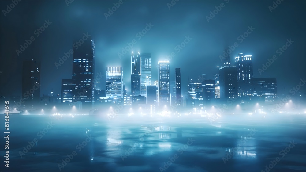  A futuristic city skyline illuminated by AI-controlled streetlights, casting a soft glow against a white horizon. 
