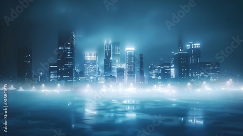  A futuristic city skyline illuminated by AI-controlled streetlights, casting a soft glow against a white horizon. 