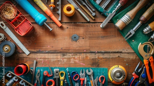 A selection of tools neatly organized on a wooden table, including hammers, screwdrivers, wrenches, pliers, and measuring tape.