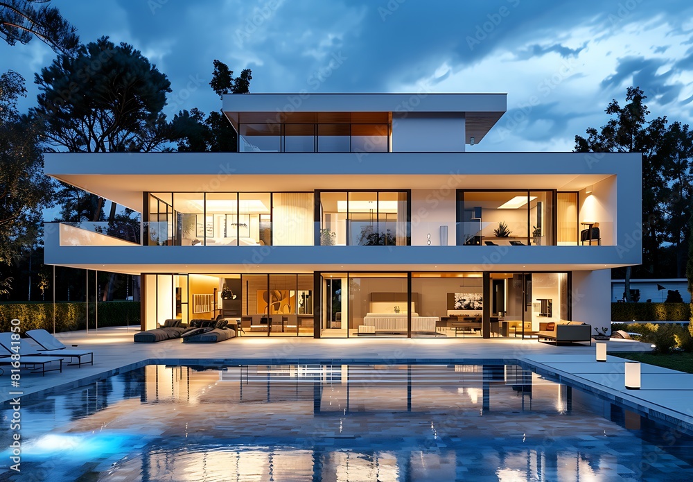 Modern house with a swimming pool, night view of the front facade, large windows and lights on inside the home