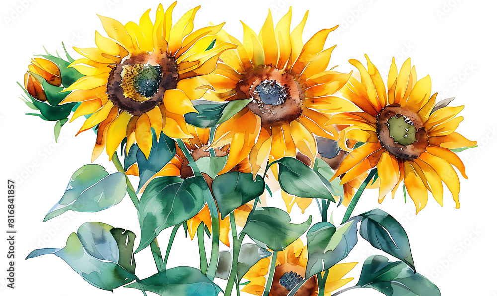 Bright Sunflowers with Green Leaves in a Watercolor Painting Bright Sunflowers with Green Leaves in a Watercolor Painting