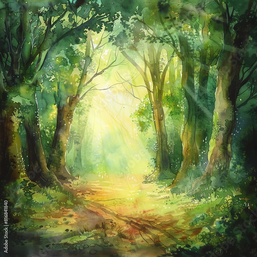 An enchanting forest pathway in watercolor  sunbeams filtering through tall trees  a magical blend of greens and golden light