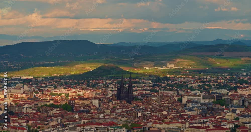 Aerial view Clermont-Ferrand church in the old city center, France. Timelapse Aerial view Clermont-Ferrand church in the old city center, France. Timelapse