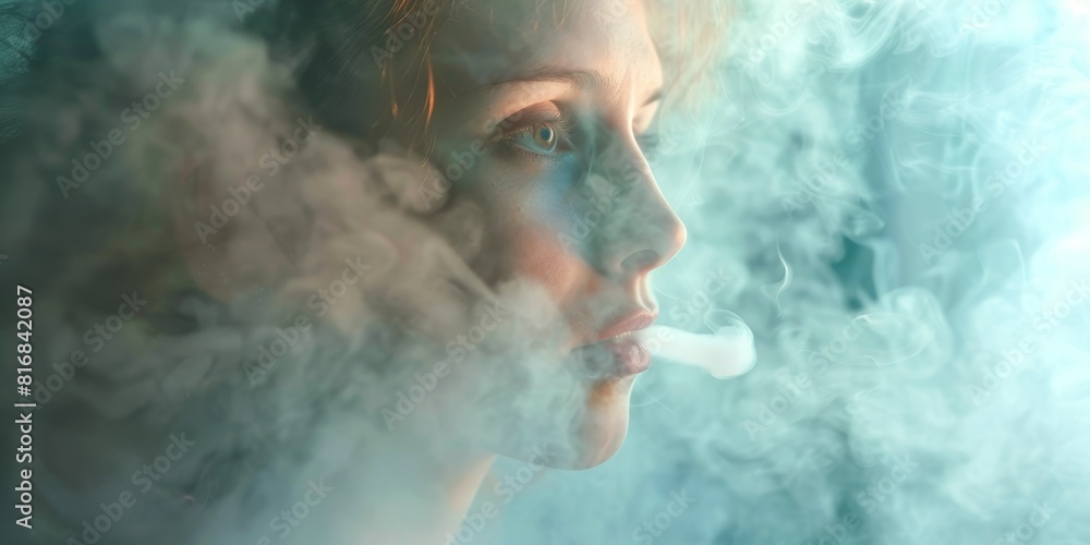 A woman is smoking a cigarette in a room with a blue haze. The smoke is thick and the woman's face is obscured by it. Scene is somewhat ominous and foreboding