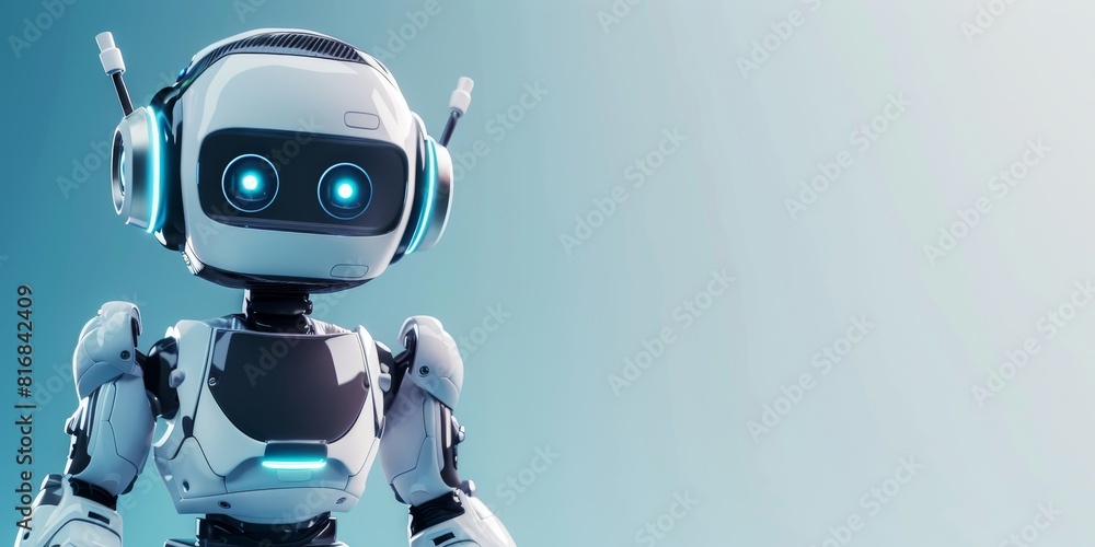 A 3D rendering of a cute robot looking at the camera with a friendly expression. A 3D rendering of a cute robot looking at the camera with a friendly expression.