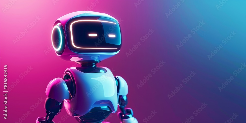 A 3D rendering of a cute robot looking at you with a friendly expression. It has a white body with blue and pink accents. It is standing on a blue and pink background. A 3D rendering of a cute robot looking at you with a friendly expression. It has a white body with blue and pink accents. It is standing on a blue and pink background.