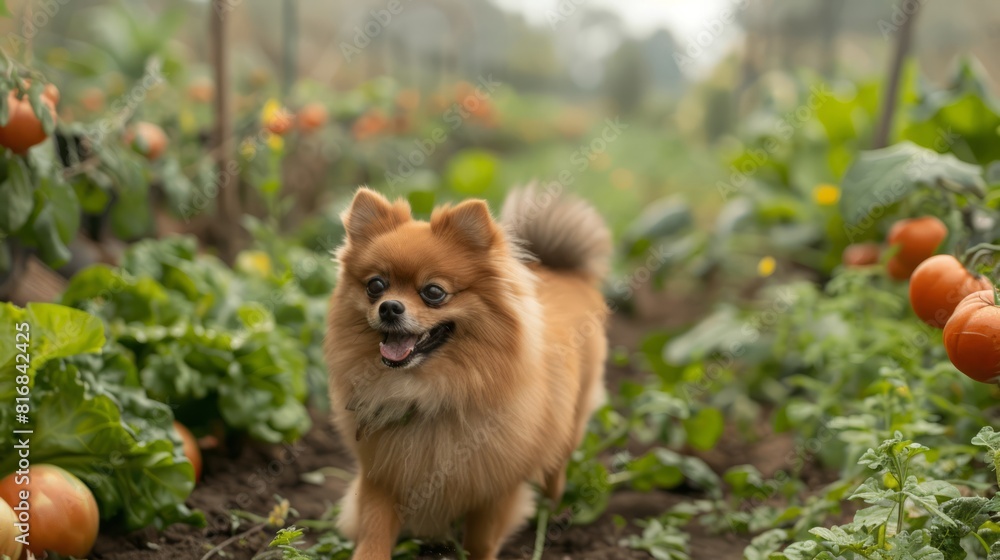 The Pomeranian dog's joyful yips fill the air as it frolics among the rows of vegetables, its fluffy coat gleaming in the sunlight. The Pomeranian dog's joyful yips fill the air as it frolics among the rows of vegetables, its fluffy coat gleaming in the sunlight.