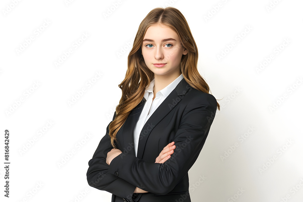 A high-resolution photo of a young professional woman in a stylish business suit, standing confidently with her arms crossed, on a solid white background with ample copy space A high-resolution photo of a young professional woman in a stylish business suit, standing confidently with her arms crossed, on a solid white background with ample copy space