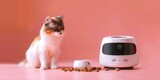 A cat is sitting next to a smart pet feeder. The feeder is a white plastic box with a clear plastic window on the front. The cat is looking at the feeder.