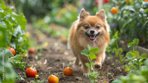 The Pomeranian dog's joyful yips fill the air as it frolics among the rows of vegetables, its fluffy coat gleaming in the sunlight.  photo