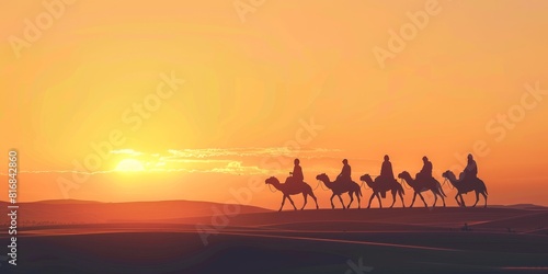 A group of people riding camels in the desert at sunset.