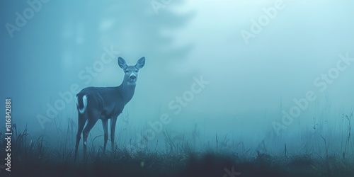 A graceful deer stands in the middle of a foggy forest, its antlers barely visible in the mist.