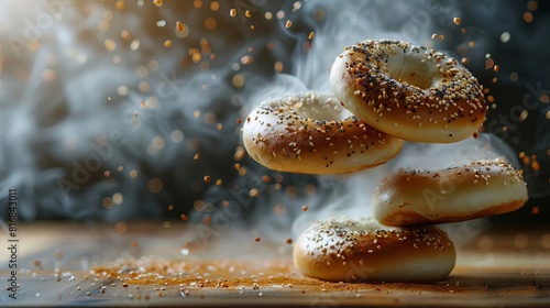 Bagels and cream cheese levitating in a creative, dark smoky environment with text space