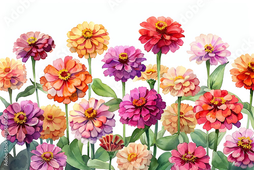 Colorful Zinnias in Full Bloom Captured in a Watercolor Painting