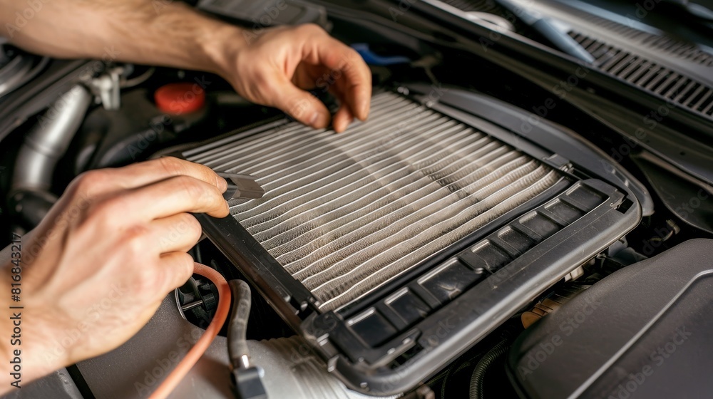 Detailed image of a mechanic s hands servicing a vehicles air filter, focusing on the essential upkeep for engine cleanliness Detailed image of a mechanic s hands servicing a vehicles air filter, focusing on the essential upkeep for engine cleanliness