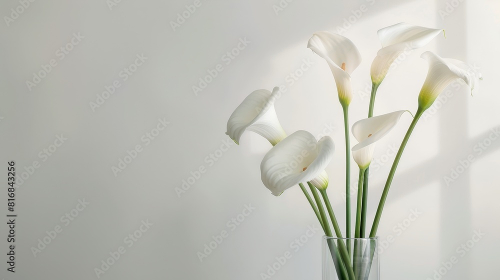 Elegant calla lilies in a tall glass vase, positioned against a highkey white background, emphasizing purity and grace Elegant calla lilies in a tall glass vase, positioned against a highkey white background, emphasizing purity and grace