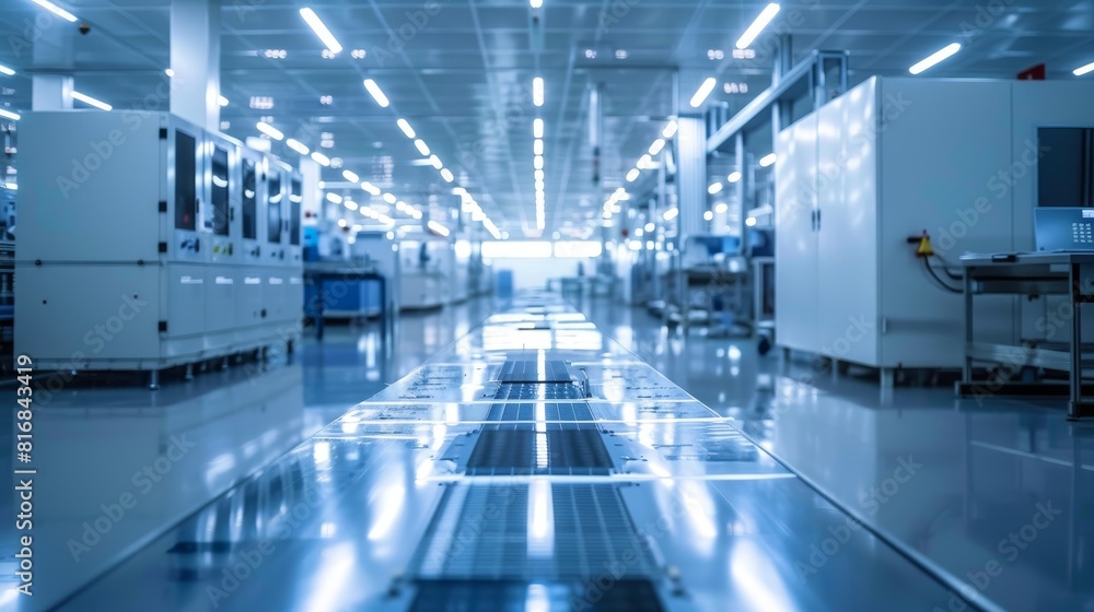 Factory floor showing the detailed manufacturing process of semiconductors, emphasizing the integration of light and energy technologies with safety standards Factory floor showing the detailed manufacturing process of semiconductors, emphasizing the integration of light and energy technologies with safety standards