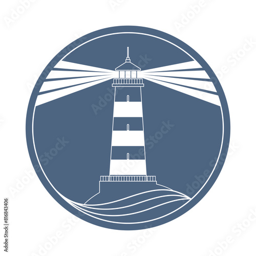 Lighthouse graphic symbol. Beacon sign in the circle isolated on white background. Vector illustration