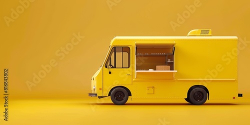 A yellow food truck is parked on a yellow background. The truck has a large window on the side and a door on the back. The truck is decorated with yellow and white stripes.