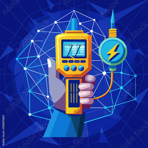 Abstract electrician hand with a digital voltage meter. Electrical engineering and technology concept. Low poly wireframe vector illustration on technological blue background.