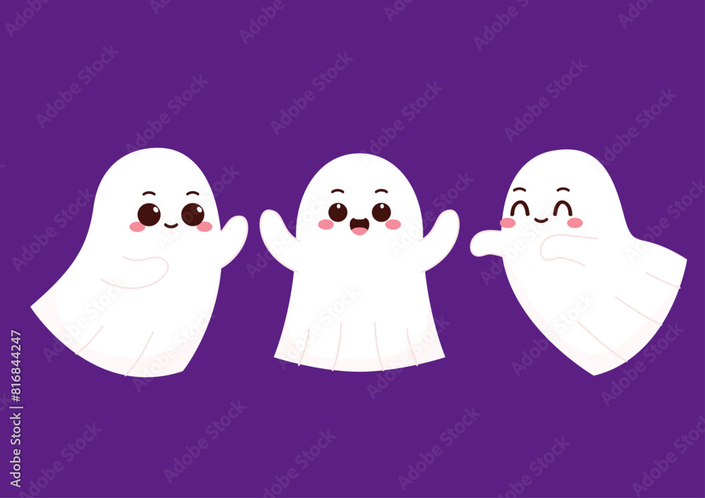 Cute ghost floating with Halloween pumpkin basket for Trick or Treat. Funny spooky boo character. Spook phantom with happy smiling face expression. Isolated kids flat vector illustration. Cute ghost floating with Halloween pumpkin basket for Trick or Treat. Funny spooky boo character. Spook phantom with happy smiling face expression. Isolated kids flat vector illustration.