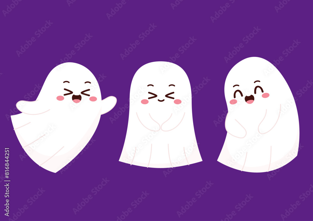 Cute ghost floating with Halloween pumpkin basket for Trick or Treat. Funny spooky boo character. Spook phantom with happy smiling face expression. Isolated kids flat vector illustration. Cute ghost floating with Halloween pumpkin basket for Trick or Treat. Funny spooky boo character. Spook phantom with happy smiling face expression. Isolated kids flat vector illustration.