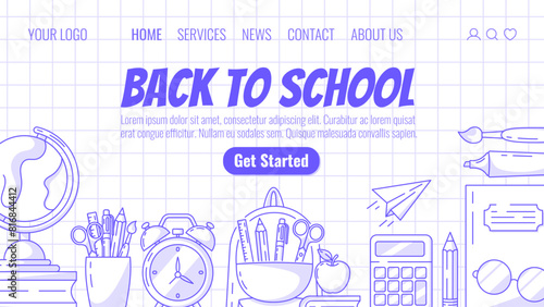 School supplies vector website template. Globe with books, apple, backpack with stationery, paper airplane, calculator, alarm clock, notebook and glasses. For web, landing page. Checkered background