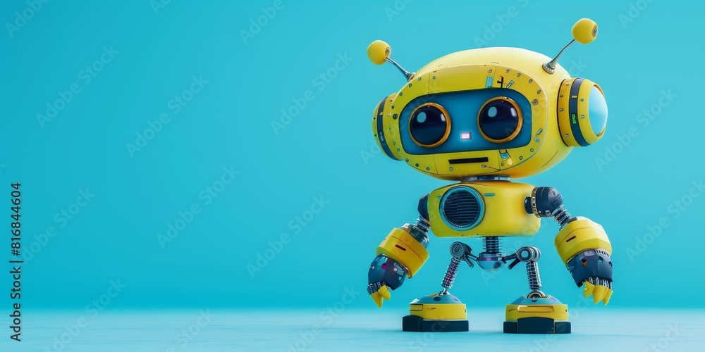 Cute yellow robot standing on blue background Cute yellow robot standing on blue background