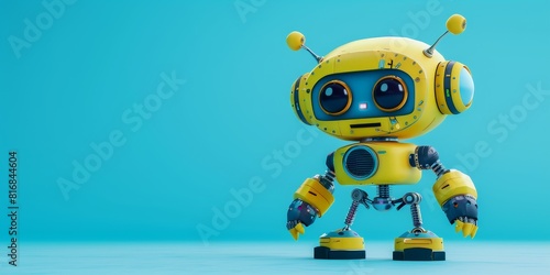 Cute yellow robot standing on blue background