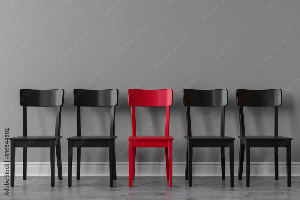 Leadership in collective concept. The chairs stand against dark wall. The red chair stands out in the middle. Leadership in collective concept. The chairs stand against dark wall. The red chair stands out in the middle.