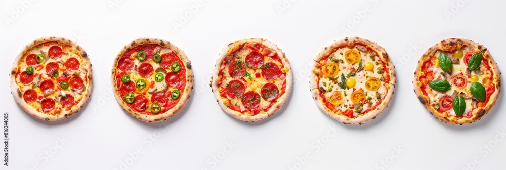 Five different pizzas in a row on a white background. Five different pizzas in a row on a white background.