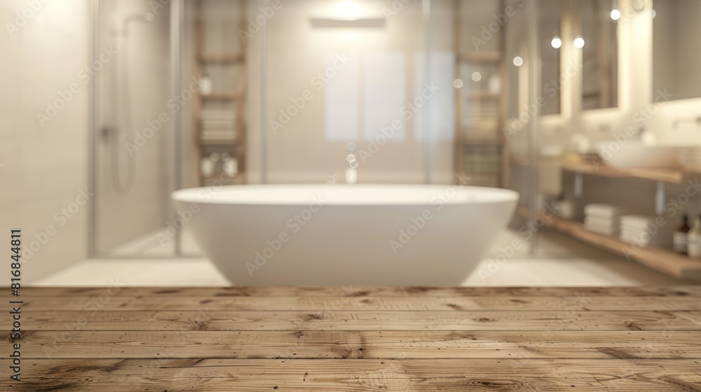 Bathtub with wooden floor in the bathroom Bathtub with wooden floor in the bathroom