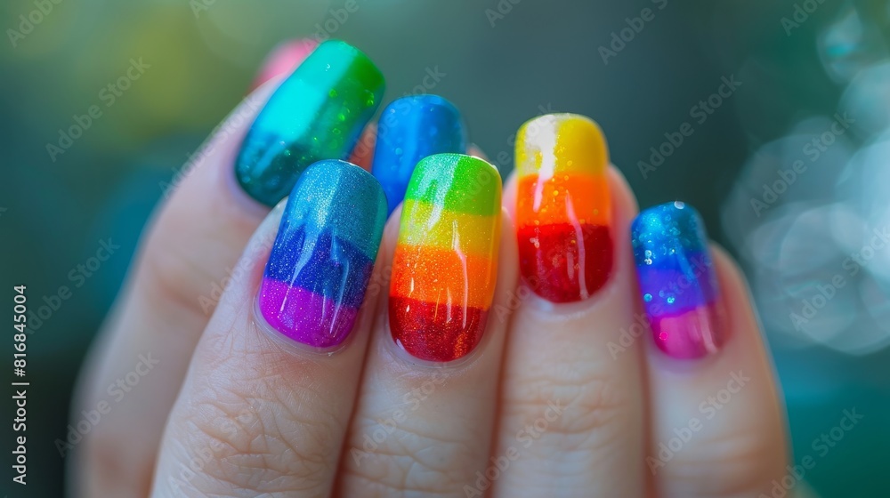A closeup photo of a persons nails painted in vibrant rainbow colors A closeup photo of a persons nails painted in vibrant rainbow colors