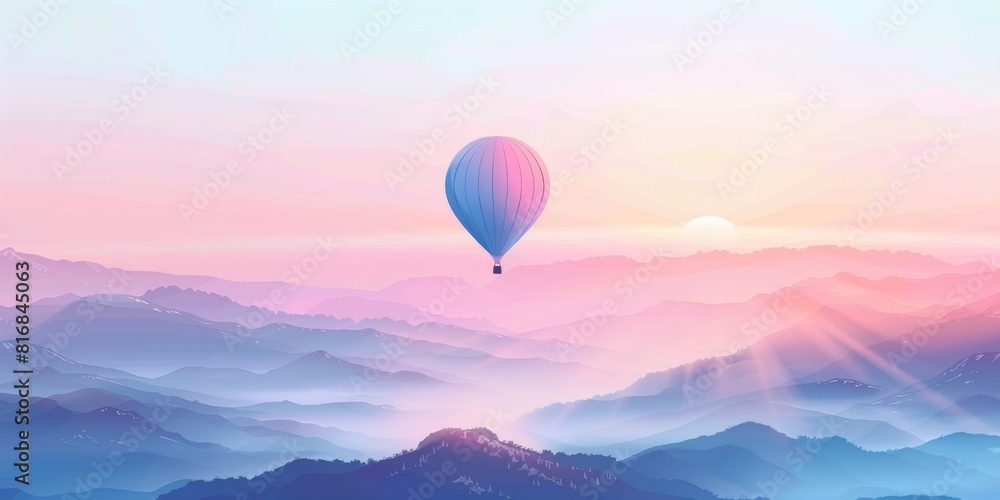 Fototapeta premium Hot air balloon flies over the mountain range at sunrise.