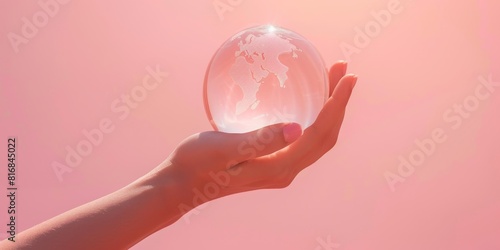 Hand holding crystal ball on pink background.