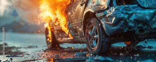 A close-up of a car with a damaged fender or wing on a fire. photo