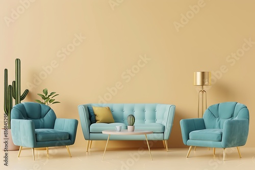 Modern interior design mockup with pastel blue and turquoise armchairs, sofa and coffee table against beige wall background © Mahwish