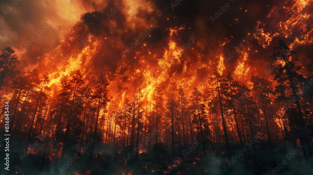 Wildfire engulfing forest with towering flames and smoke.