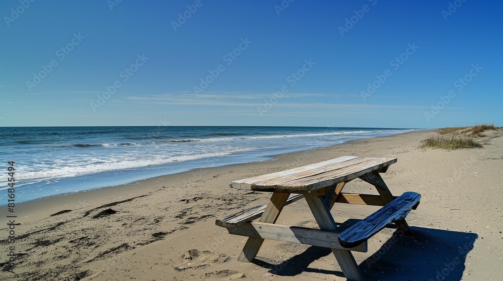 Wooden picnic table on sandy beach with ocean view. Wooden picnic table on sandy beach with ocean view.
