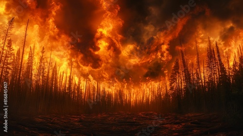 Wildfire engulfing forest with towering flames and smoke.