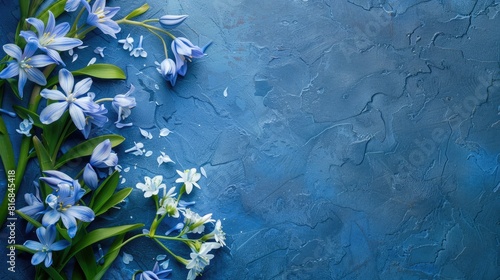 Blue Scilla flowers on a blue surface from above with blank space for text blossoms in spring photo