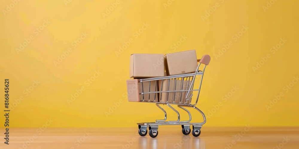 Shopping cart with cardboard boxes on yellow background. Online shopping concept. Shopping cart with cardboard boxes on yellow background. Online shopping concept.