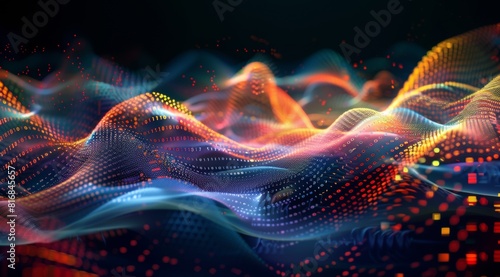 Digital background featuring data streams  binary code  and abstract digital waves with bokeh lights on the sides. 