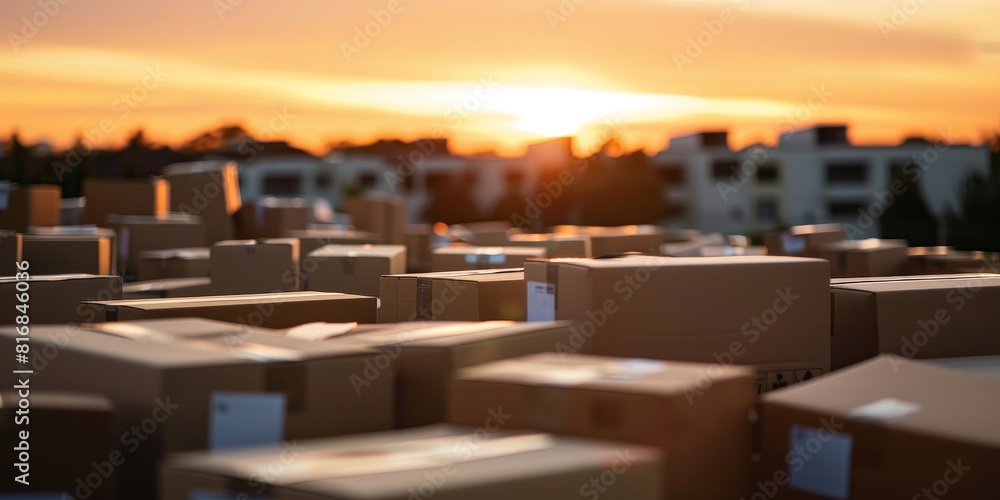 The image shows a rooftop at sunset with many cardboard boxes. The image shows a rooftop at sunset with many cardboard boxes.