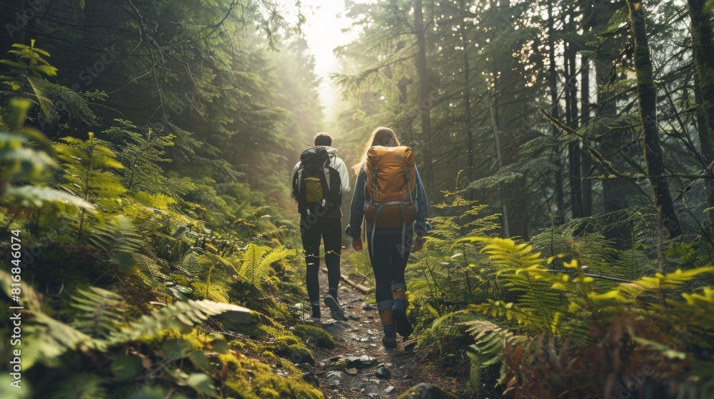 Two individuals hiking along a forest trail, surrounded by tall trees and dense foliage. Two individuals hiking along a forest trail, surrounded by tall trees and dense foliage.